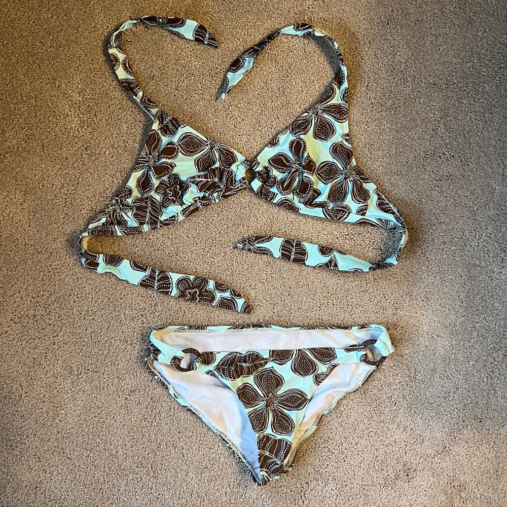 Xhilaration Mint Green Brown Flower Tie Halter Low Rise Bikini Size M
